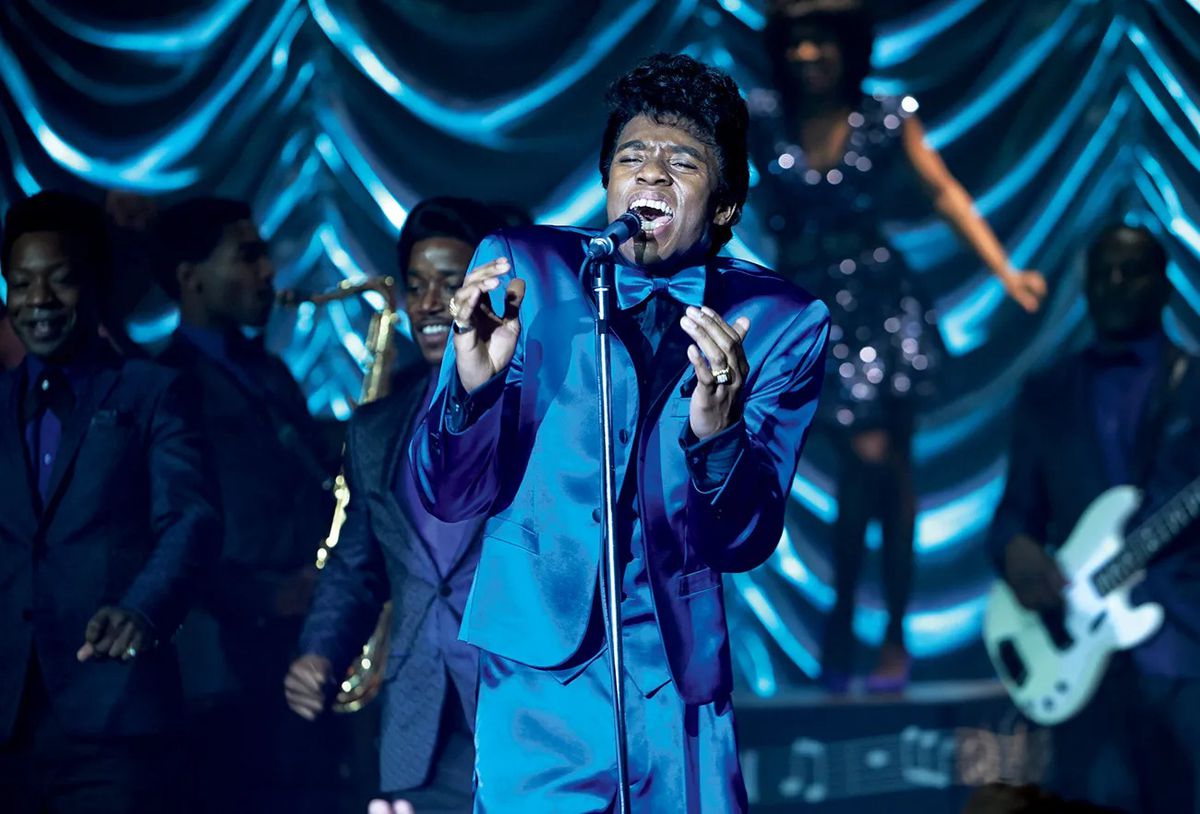 Chadwick Boseman channeling James Brown on the set of&nbsp;“Get On Up”&nbsp;in Natchez, Mississippi.