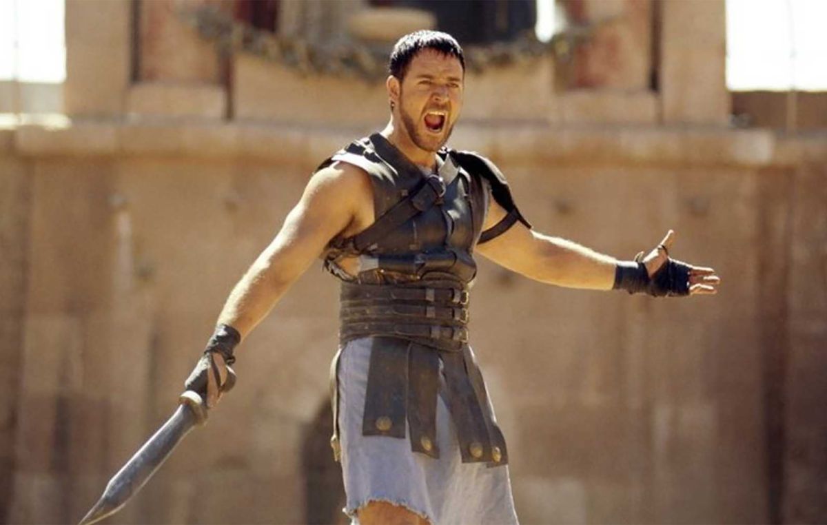 Russell Crowe in Gladiator shouting at a Coliseum full of people