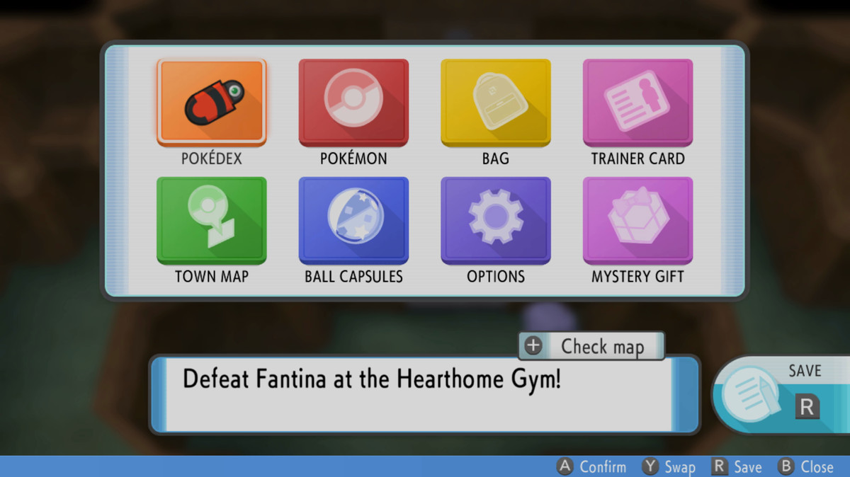 a menu in pokemon brilliant diamond and pearl. the text in the dialog reads” Defeat Fantina at the Hearthome Gym!” 