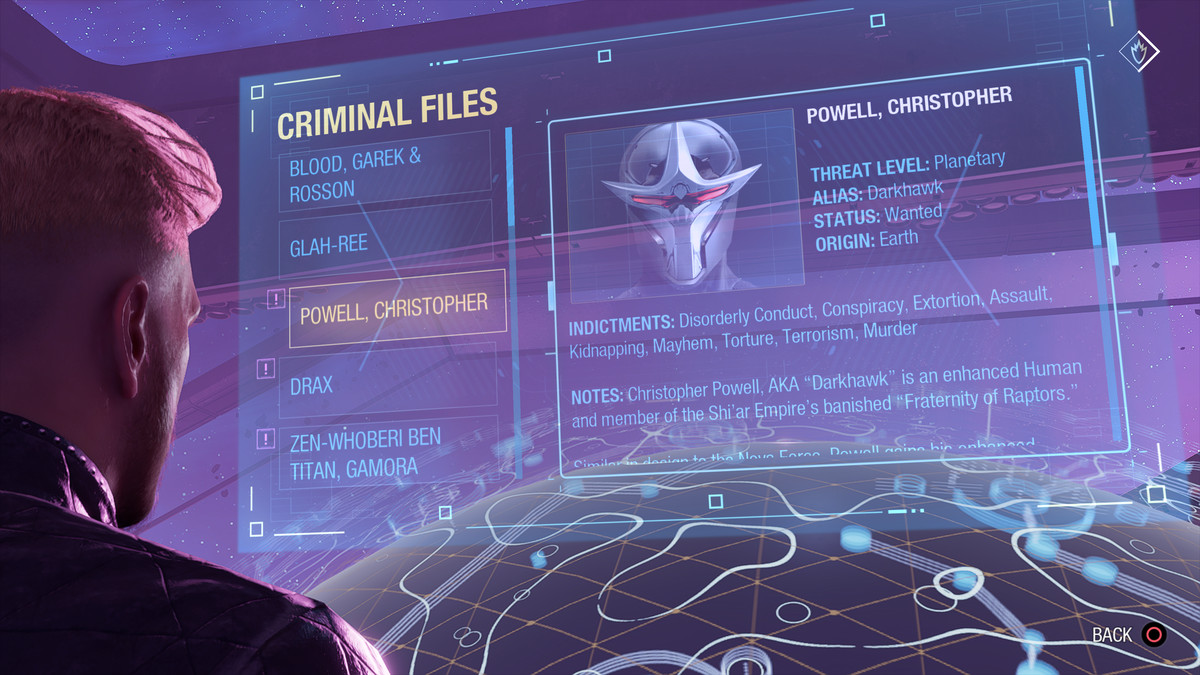 The criminal file for Darkhawk in Marvel’s Guardians of the Galaxy