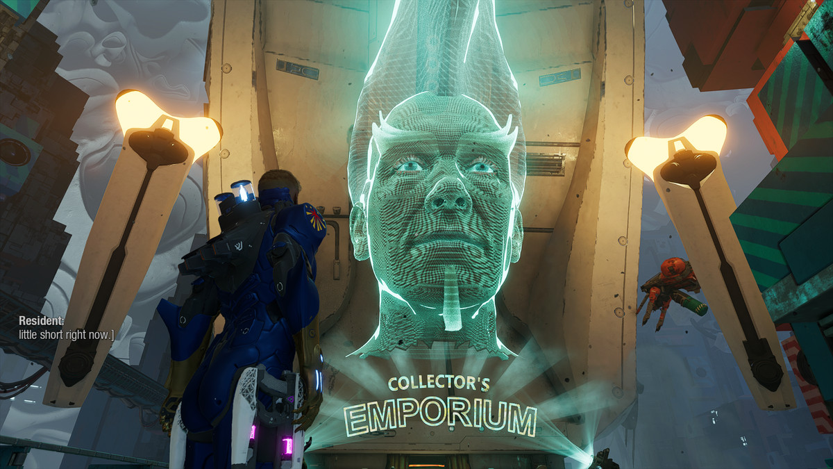 A hologram of The Collector outside of Collector’s Emporium