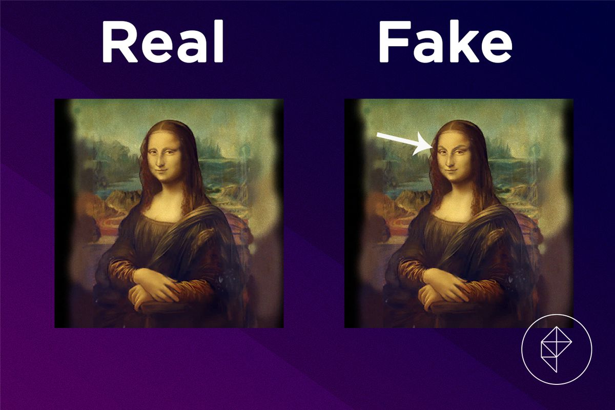 A comparison showing that the fake version of the Famous Painting has eyebrows.