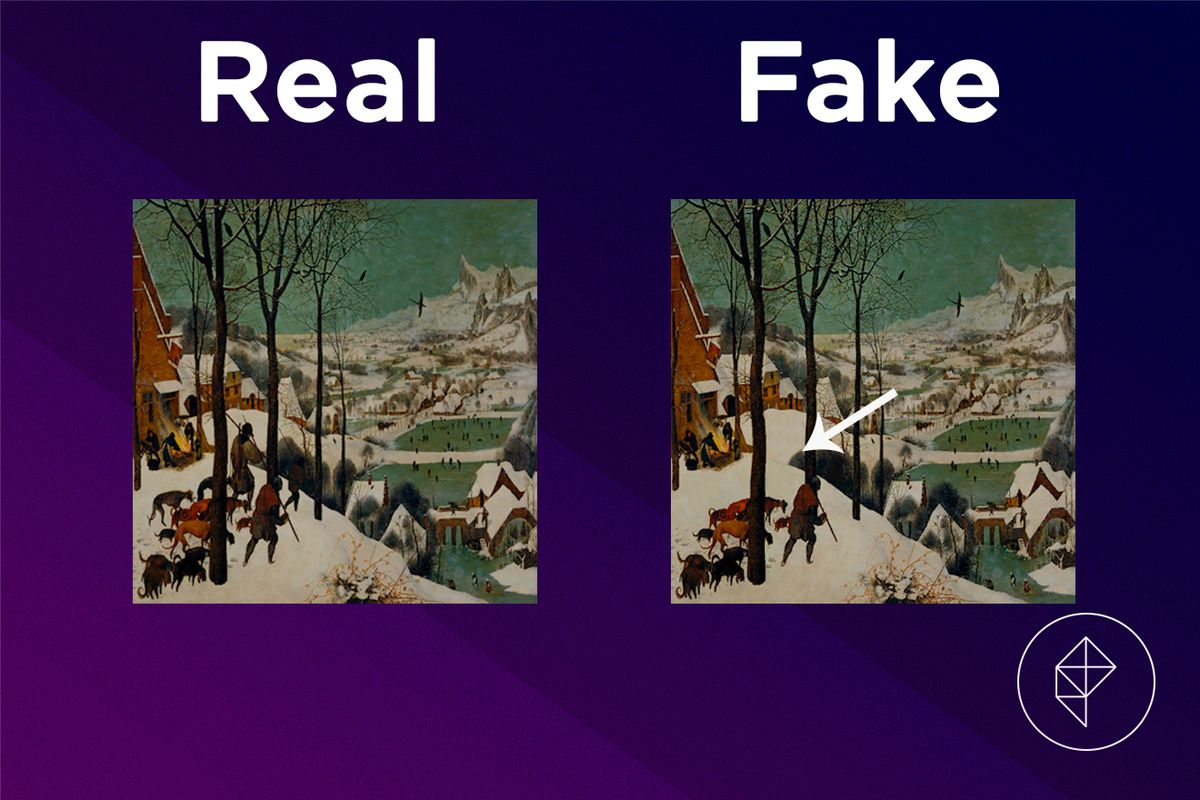 A comparison showing that the fake version of the Scenic Painting is missing people