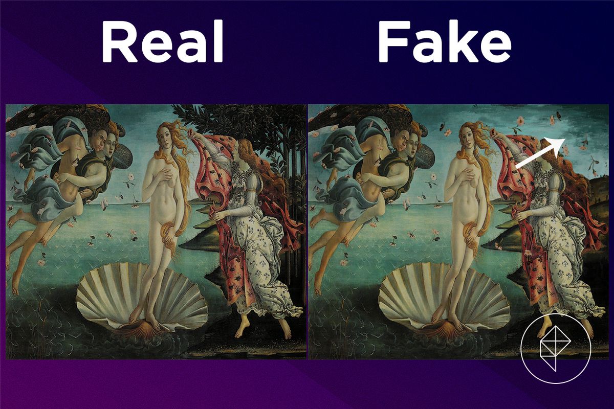 A comparison showing the fake version of the Moving Painting missing trees