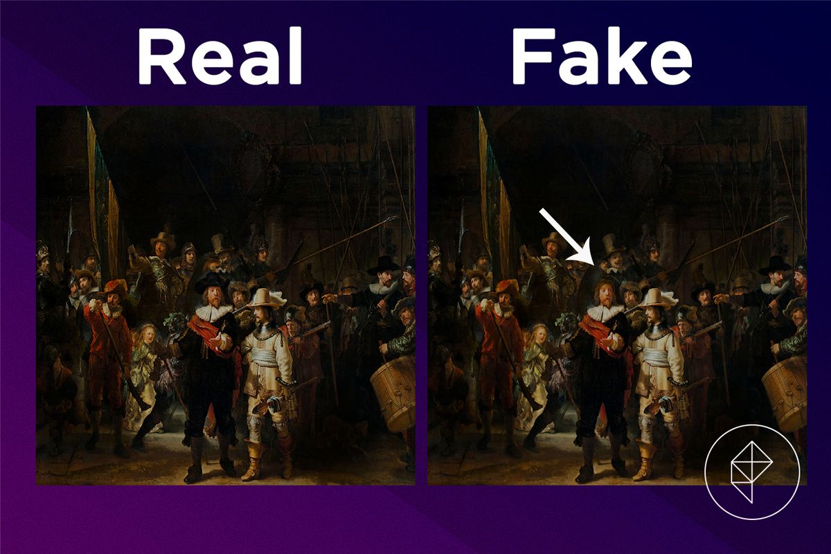 A comparison showing that the fake version of the Amazing Painting is missing a hat