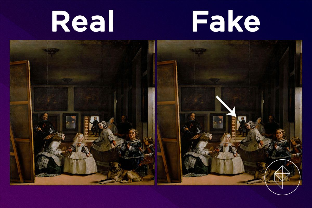 A comparison showing the fake version of the Solemn Painting has a man raising his arm