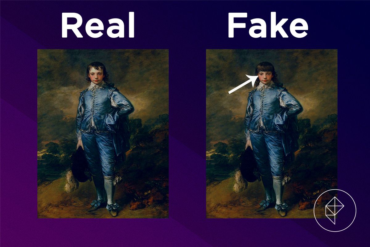 A comparison showing that the boy in the fake Basic Painting has more hair