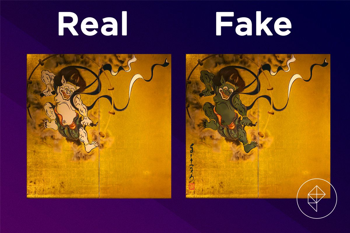 A comparison showing the real and fake Wild Painting Left Half. The fake version shows the beast as green, rather than white