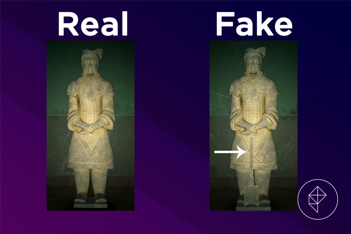 A comparison of the real and fake Warrior Statue