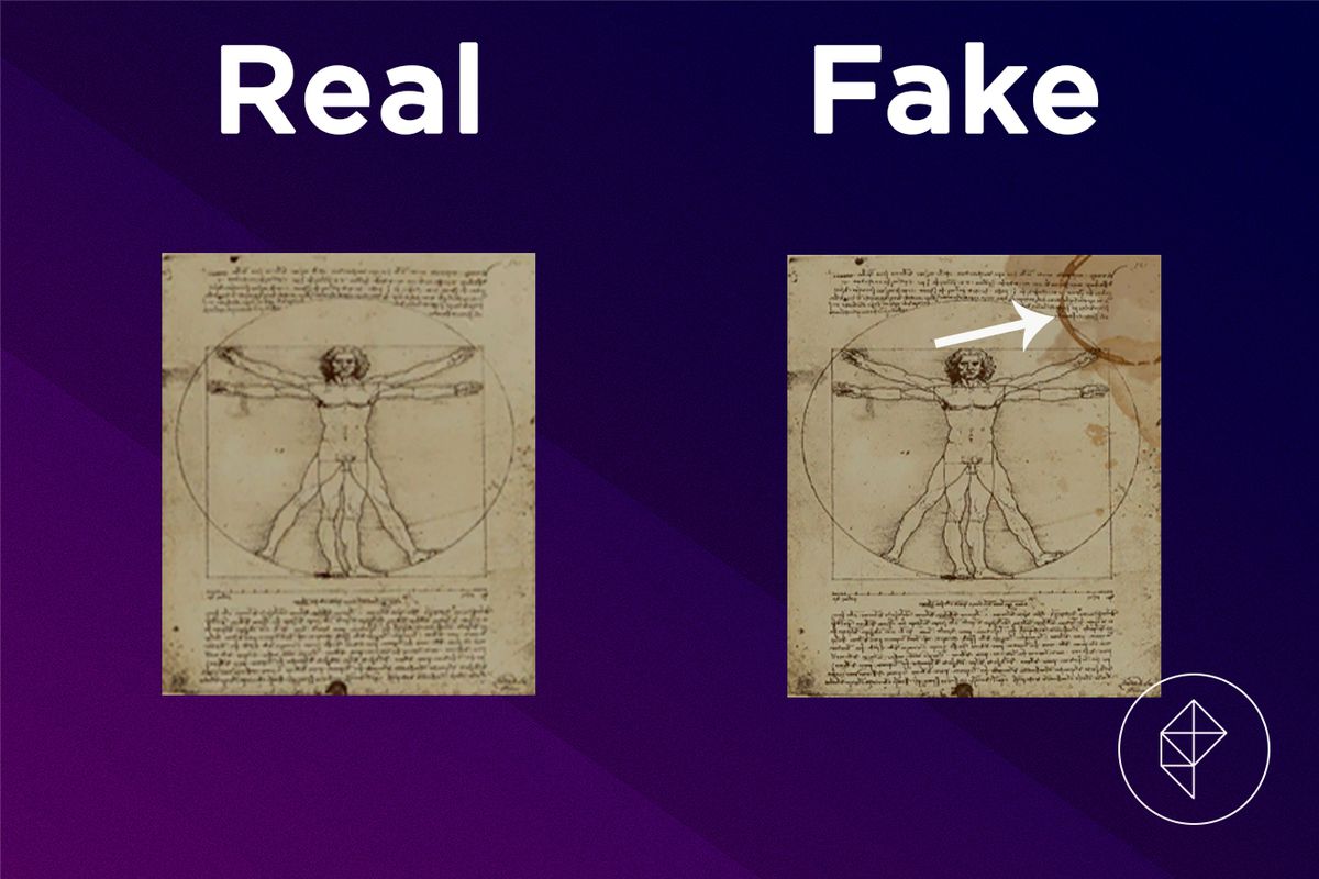 A comparison between the real and fake Academic Painting. The fake version has a coffee stain.