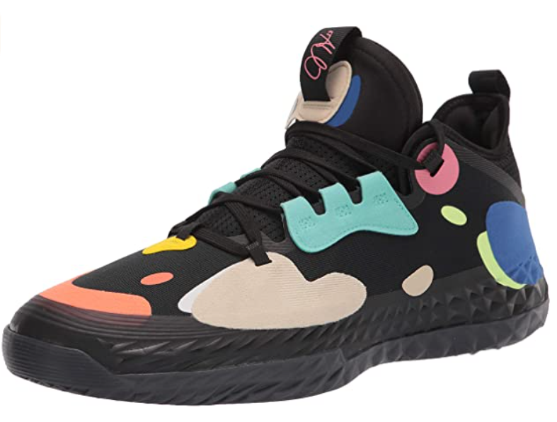 Best basketball shoes adidas product image of a singular black shoe with a multicoloured cow-like pattern