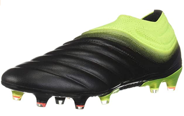 Best football boots adidas Copa19+ product image of a singular black and fluorescent yellow boot