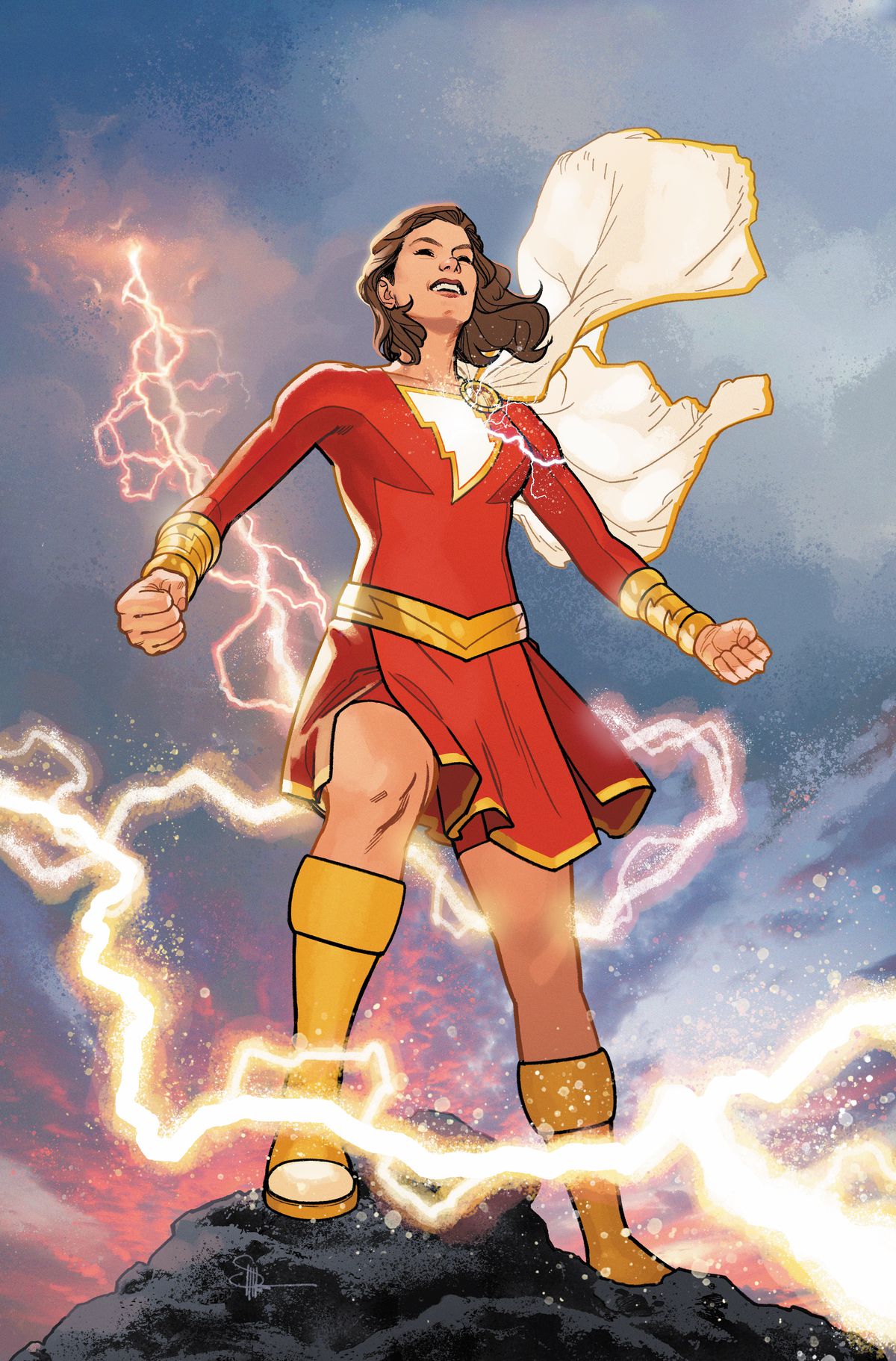 Mary Bromfield suited up in her superhero form using the power of Shazam on the cover of The New Champion of Shazam! #1 (2022).