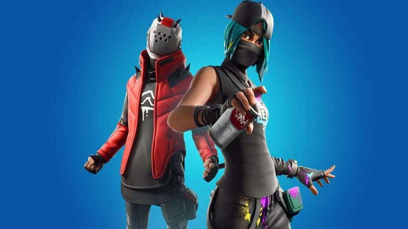 Two Fortnite characters pose together on a blue background.