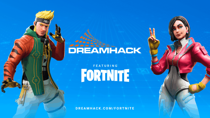 Two Fortnite characters pose with the DreamHack and Fortnite logos between them on a light blue background.