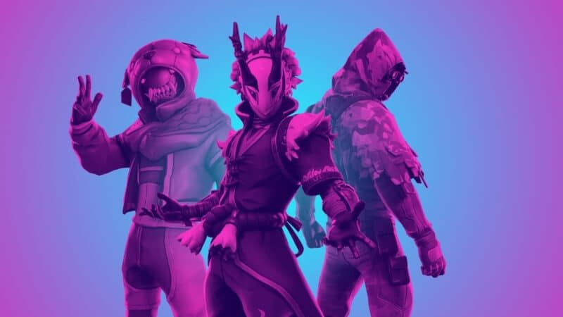Three Fortnite characters pose together in various costumes with a purple and blue shade over them.
