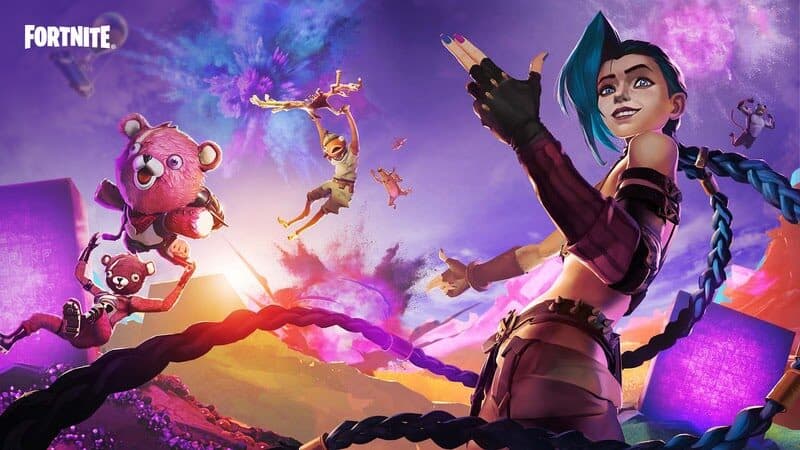 League of Legends champion Jinx poses with her hands like pistol with Fortnite characters in action and Cubes behind her.