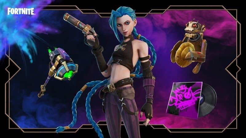 League of Legends champion Jinx poses with a pistol with her Fortnite cosmetics on a blue and purple smoky background around her.