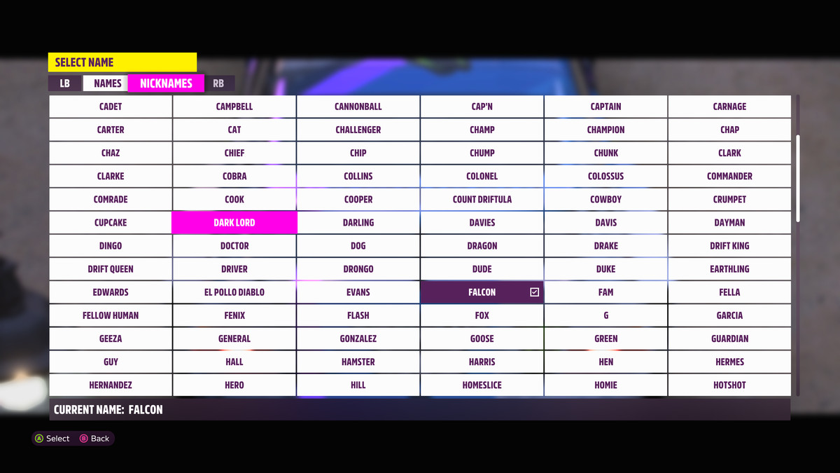 A large list of dozens of nicknames Forza Horizon 5 can call the player