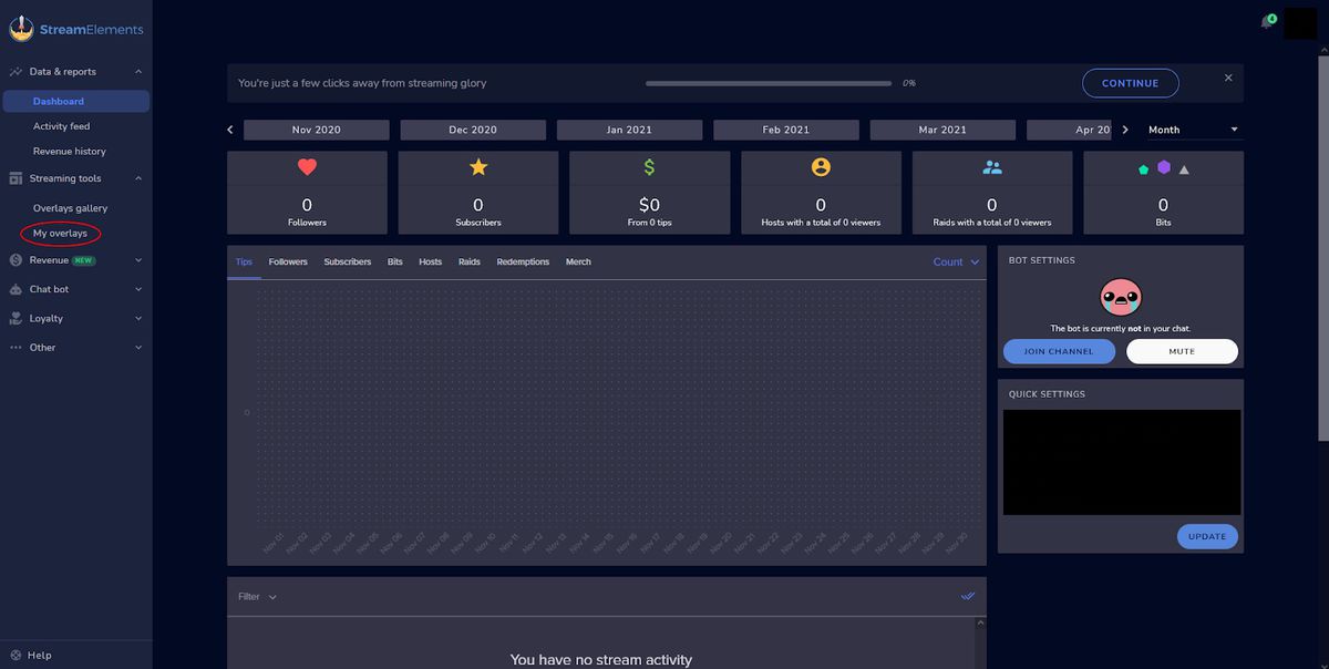 The StreamElements dashboard page allows various alert options