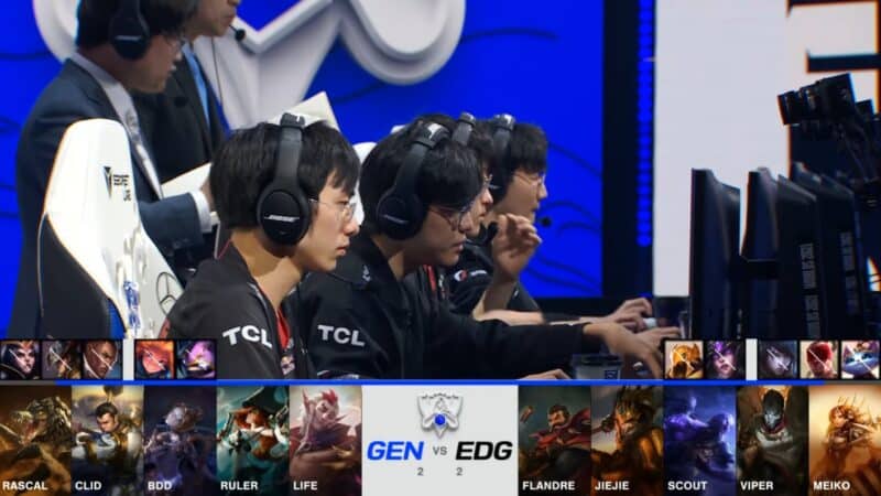A screenshot from the 2021 World Championship Main Event Semifinals broadcast, showing the Game Five champion drafts between Edward Gaming and Gen.G with a shot of the EDG LoL roster on stage above.