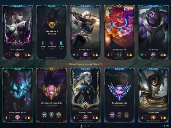 A screenshot of a League of Legends pre-game loading screen, showing 10 players' champion picks and their various ranks, mastery and challenge achievements.