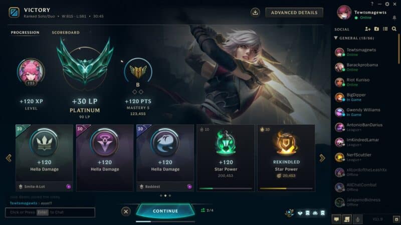 A screenshot of a new post-game screen from League of Legends, showing the player's various stats and achievements from the game.