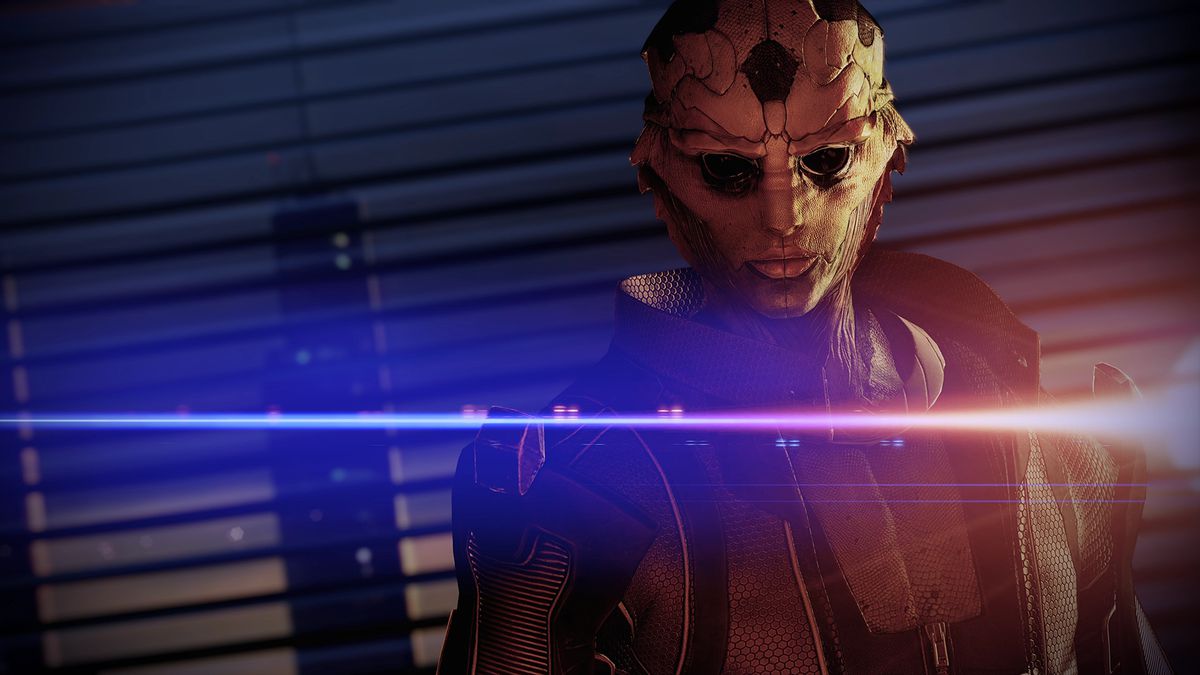 Mass Effect 2 - Thane, a green, lizard-like humanoid alien, stands in front of a window