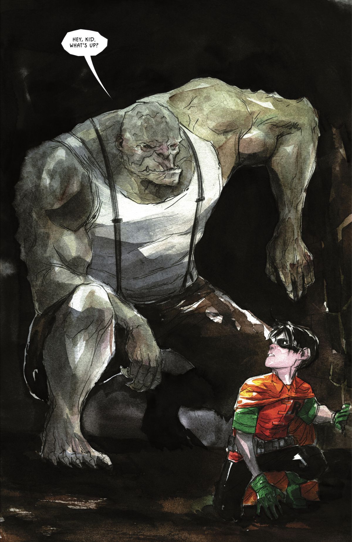 “Hey, kid. What’s up?” says Killer Croc, who, even kneeling, looms hugely above Robin/Dick Grayson in Robin &amp; Batman #1 (2021). 