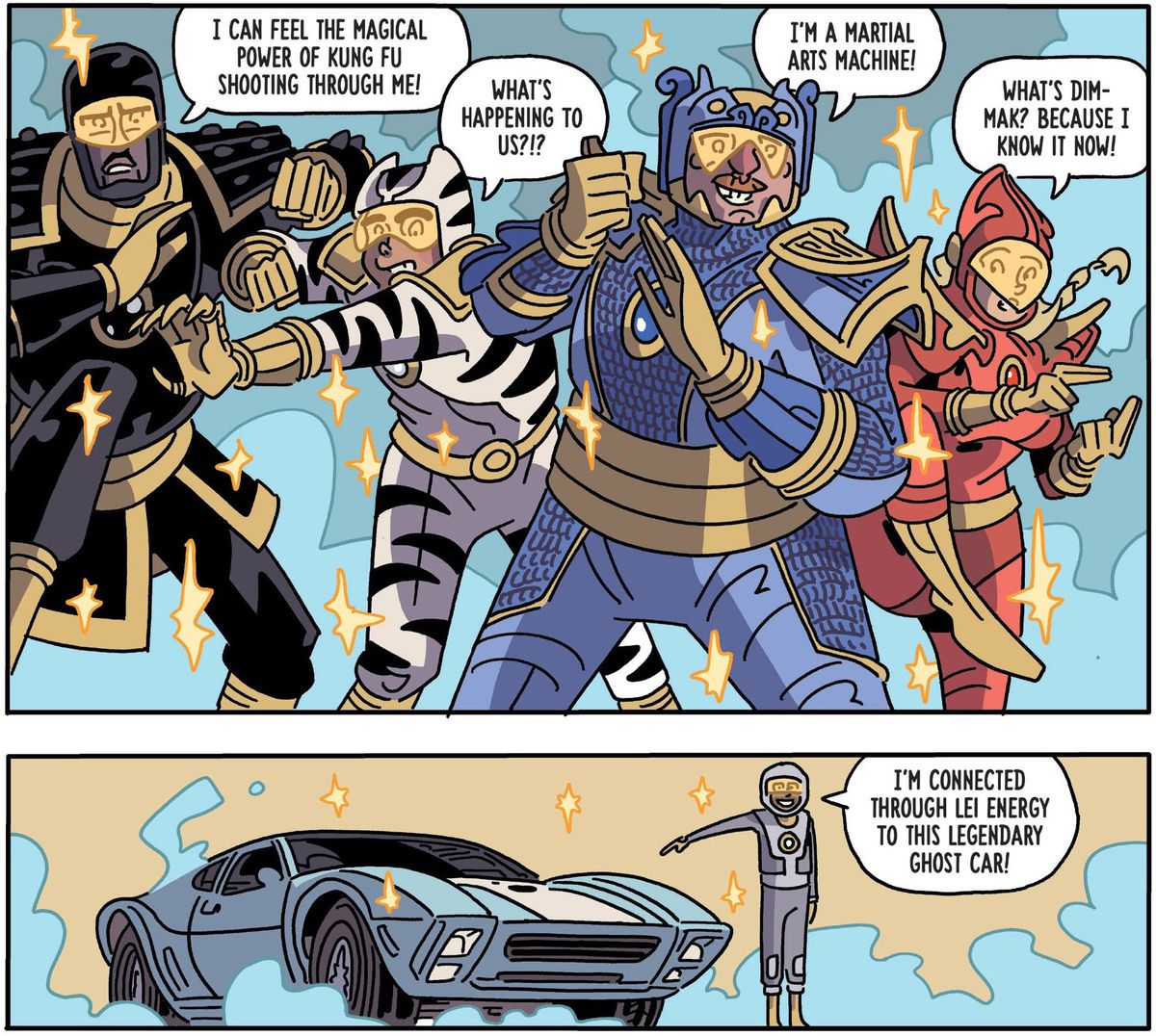 Four power-rangers like characters loudly and woodenly discuss how they suddenly have vast martial artist knowledge. A panel later, a fifth character points hilariously at a silver automobile while shouting “I’m connected through lei energy to this legendary ghost car!” in Six Sidekicks of Trigger Keaton #6 (2021). 