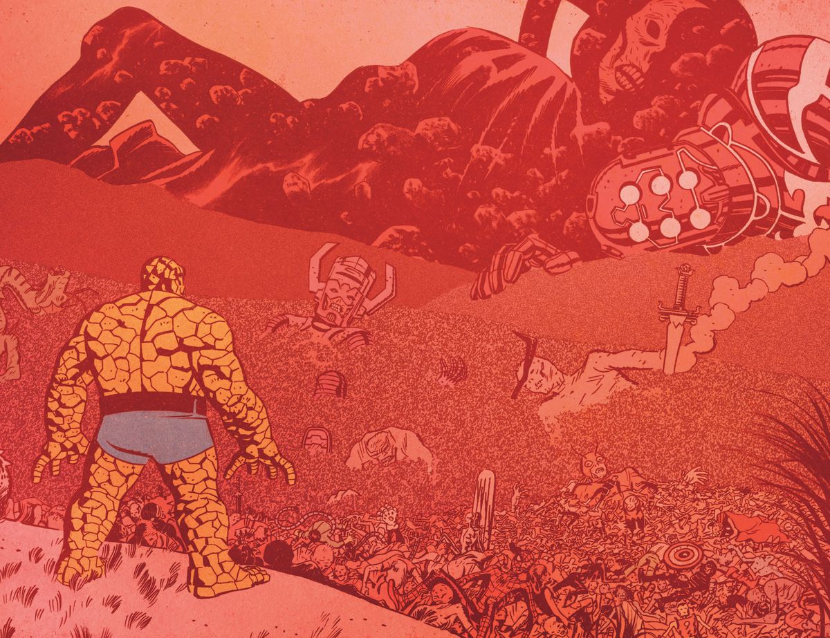 The Thing stands shocked over a red field filled with what appear to be the corpses of every entity in the Marvel Unvierse, including Eternity, Arishem, Galactus, Surtur, Fin Fang Foom, and many many other superheroes in The Thing #1 (2021). 