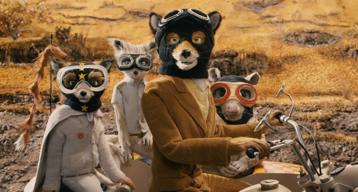 Foxy Fox and friends on a motorcycle in Fantastic Mr. Fox