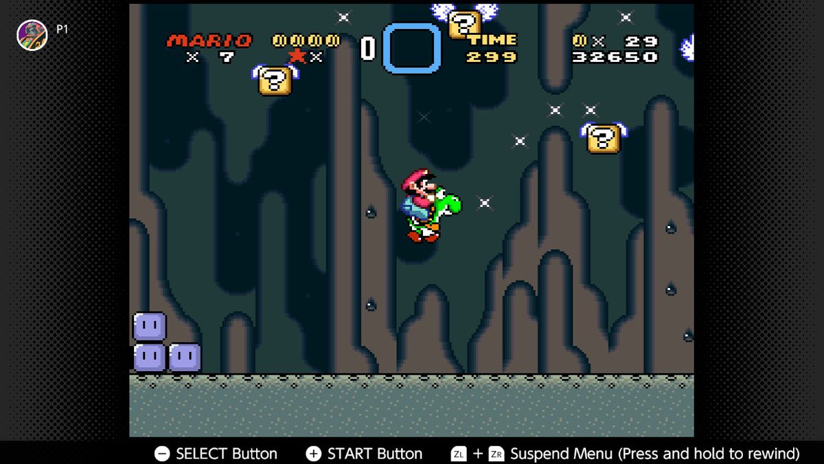 Mario, riding Yoshi, jumps through a cave in Super Mario World