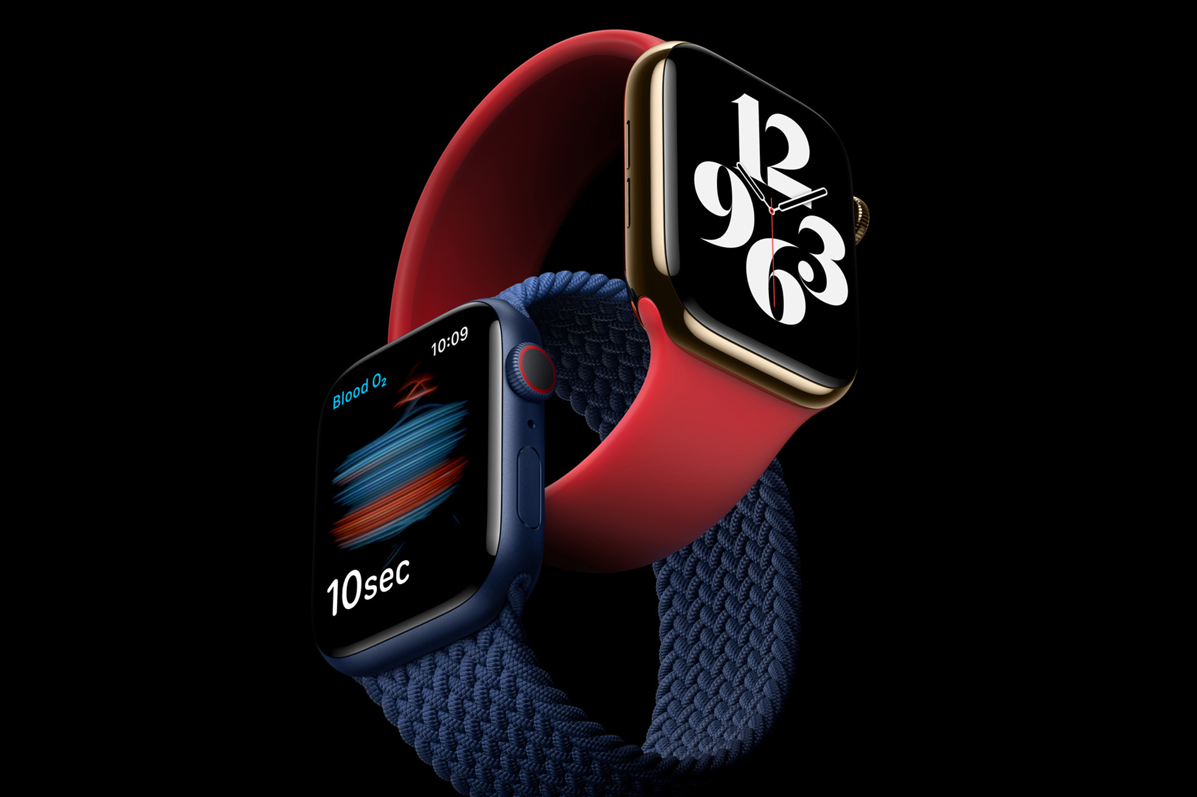 two apple watch series 6 wrapped around each other one blue, one red.