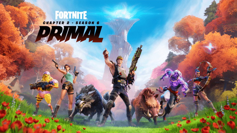 The promotional image for Chapter 2 - Season 6, Primal, showing wolves and boars along with the Lara Croft skin