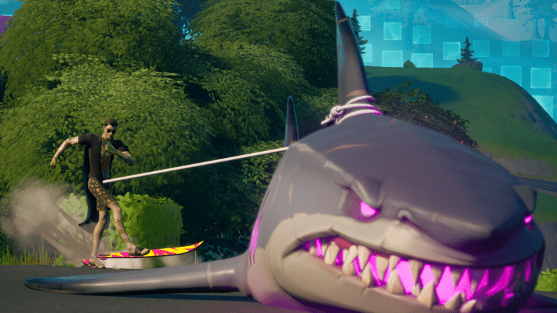 One of the Sharks from Fortnite Chapter 2 - Season 3 pulls a character on waterskis through the flooded map