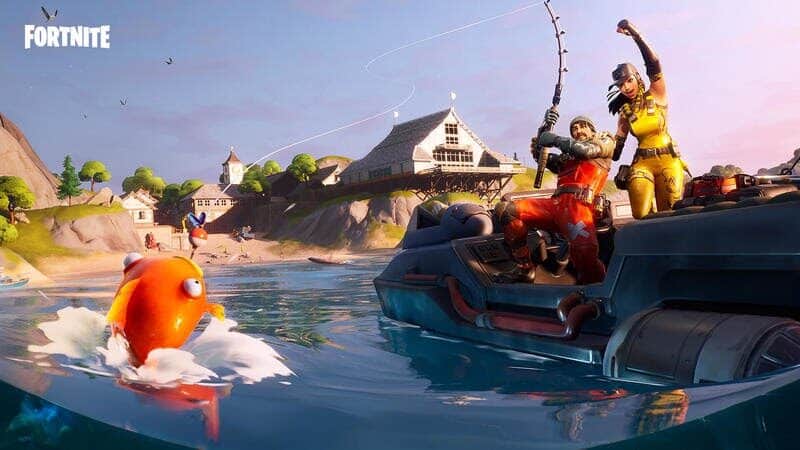 Fortnite characters fish from a speed dinghy in Chapter 2