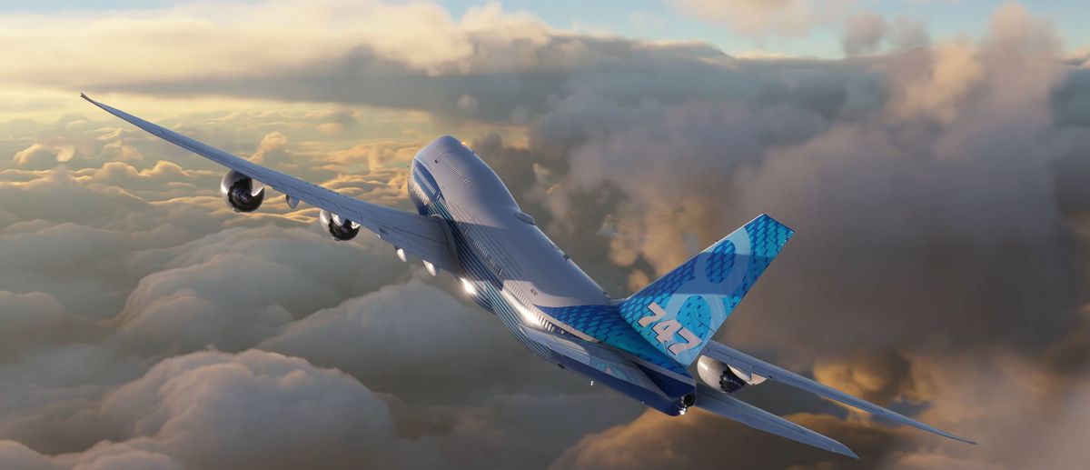 A Boeing 7u47-8i banks right in Microsoft Flight Simulator. Below it a cloud layer, tens of thousands of feet high, glows in the sunset.