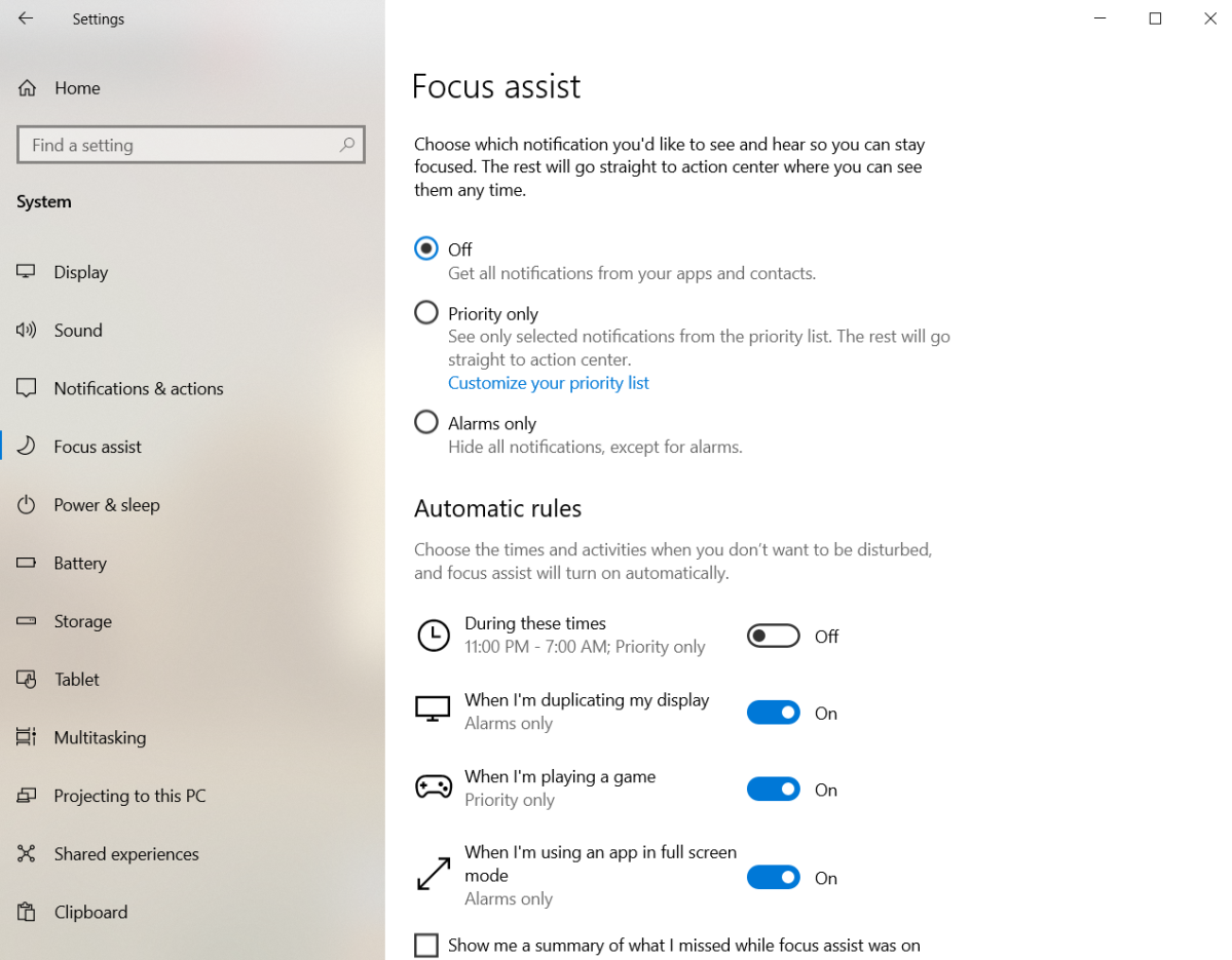 windows 10 settings app displaying the focus assist options