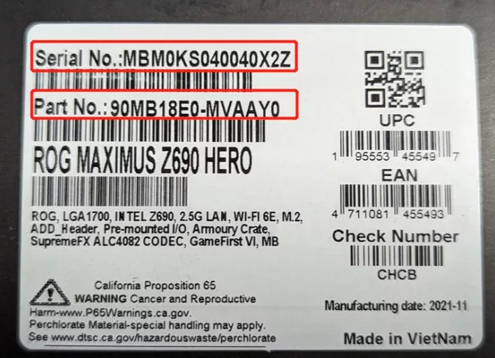 Asus ROG Maximus Z690 Hero bar code