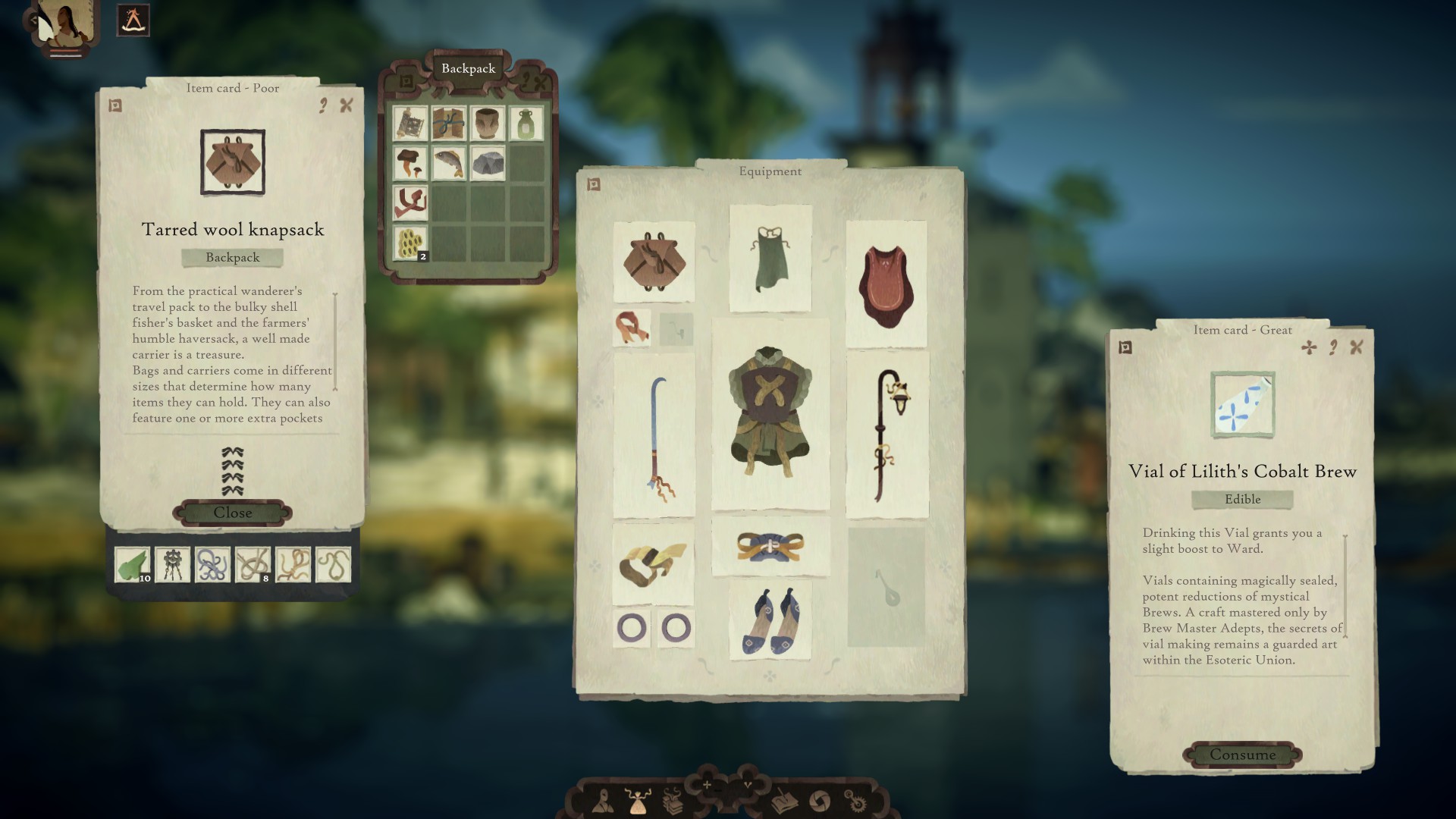 Book of Travels - A player's various inventory screens over top of the world blurred in the background. They are wearing armor, carrying a sword and lantern, and a backpack. Inside the backpack are six more inventory slots. The item card for a special vial of tea is also being viewed.
