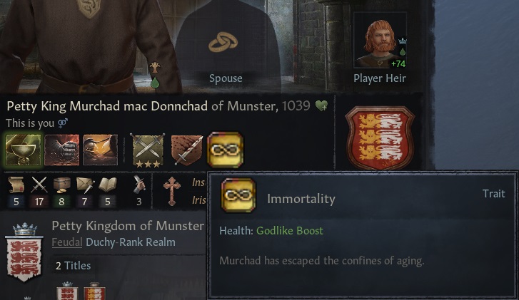 A character with an immortality trait granted by a Crusader Kings 3 mod.