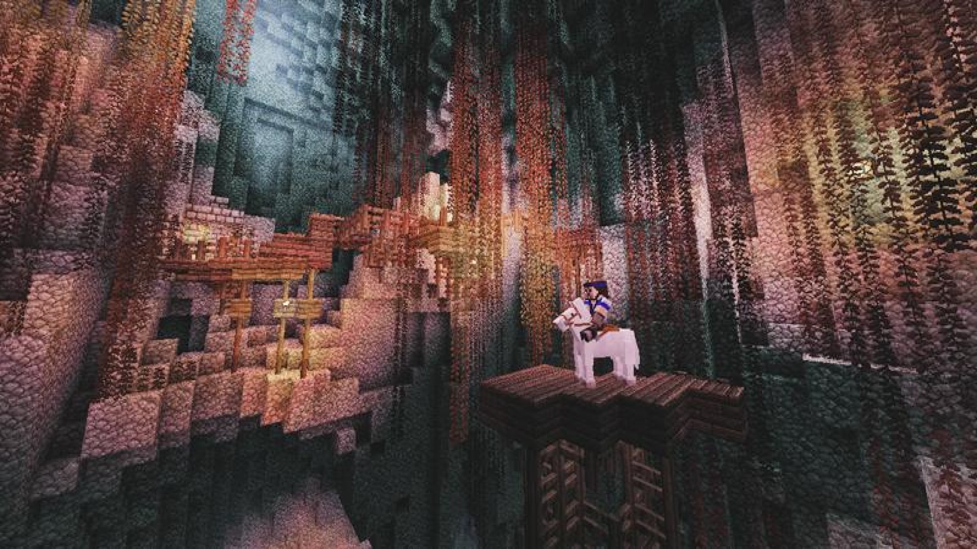 A horse in a cave in the Minecraft adventure map, The Lost Potato