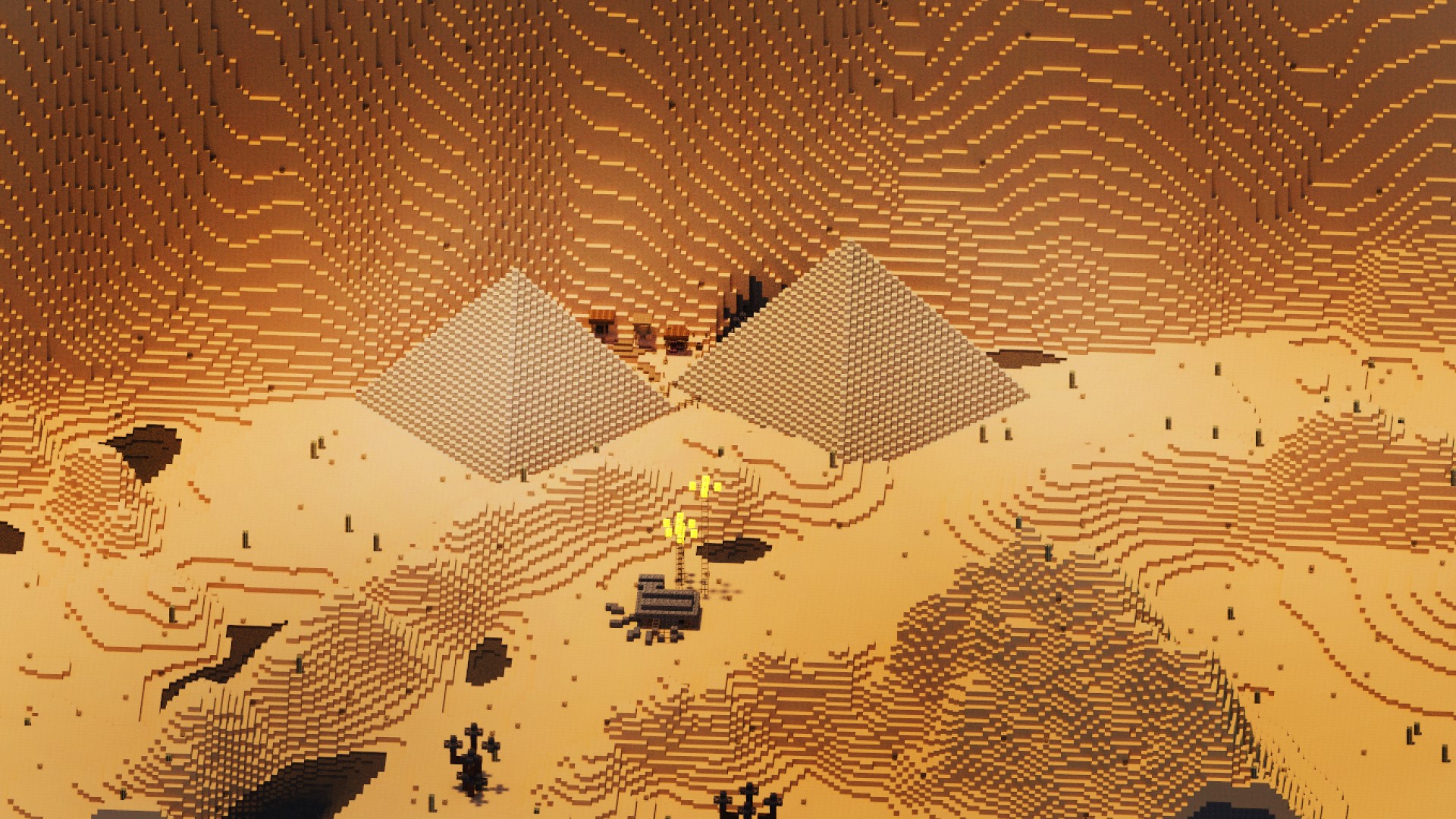A view of desert and pyramids in Minecraft survival map, Planet Impossible