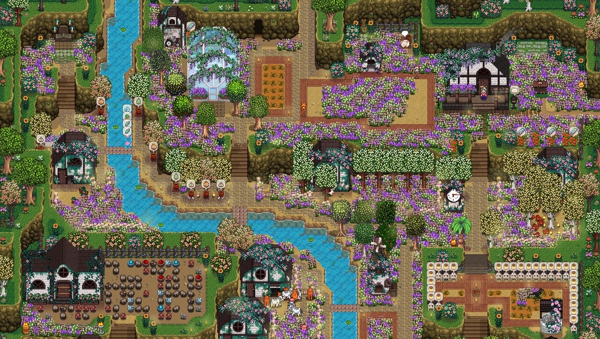 Stardew Valley mod - Flower Valley - A Stardew farm with retextured buildings and trees covered in seasonal flowers