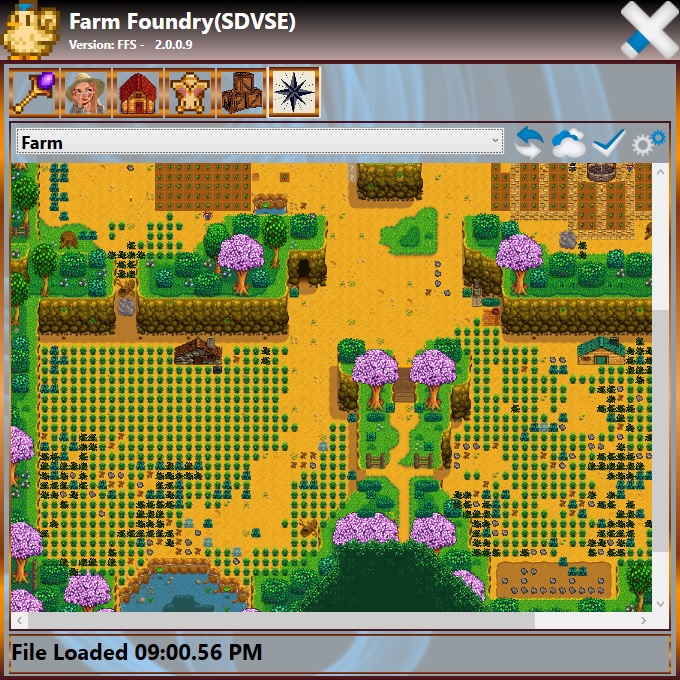Stardew Valley Save Editor interface showing a loaded player farm map.