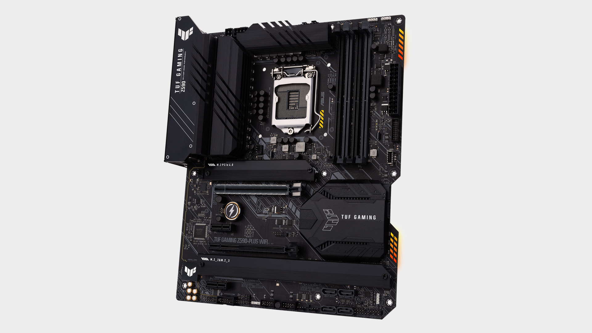 Asus TUF Gaming Z590 Plus gaming motherboard top down on a grey background