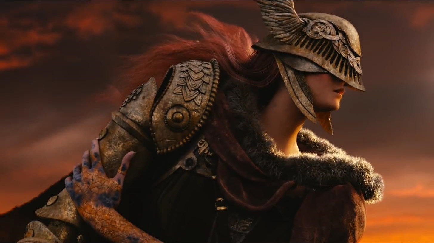 Elden Ring reveal trailer screenshot of Melina wearing a helmet and attaching a mechanical arm.