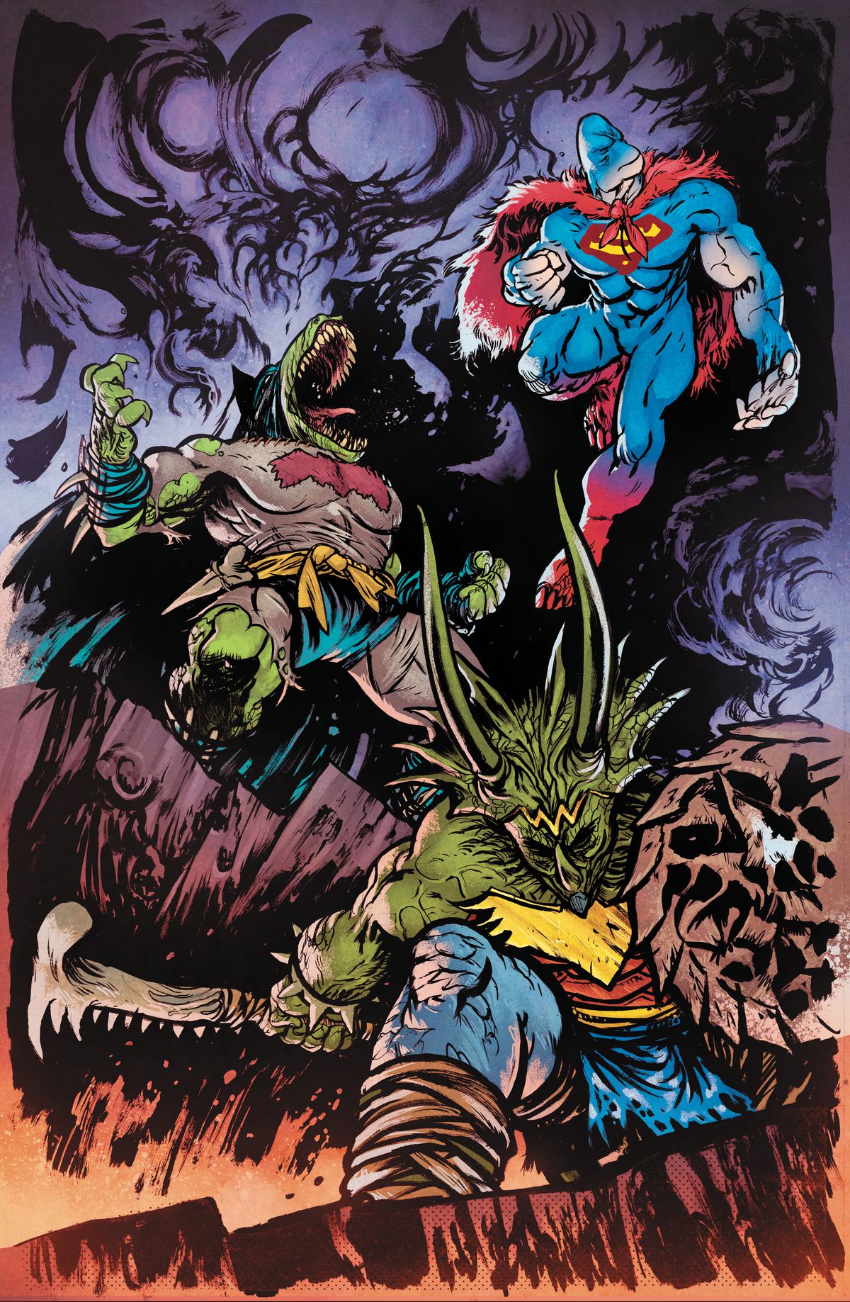 The Superman, Batman, and Wonder Woman of Jurassic League pose on cliffs. Superman is an anthropomorphic brachiosaurs, Batman an allosaurus, and Wonder Woman as a triceratops on a variant cover for Jurassic League #1 (2022).