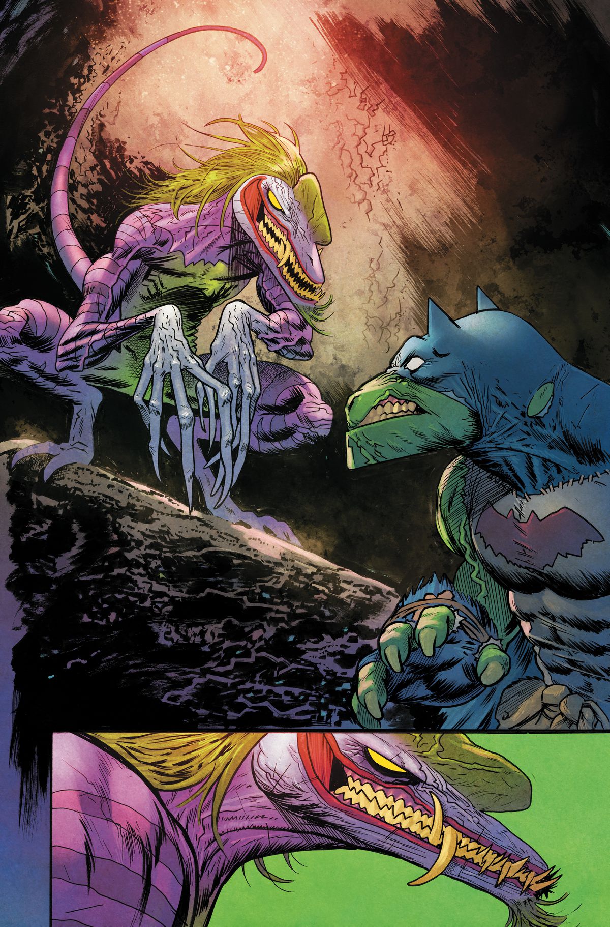 The Joker — an anthropomorphic dilophosaurus — grins at Batman — an allosaurus — in Jurassic League #1 (2022). 